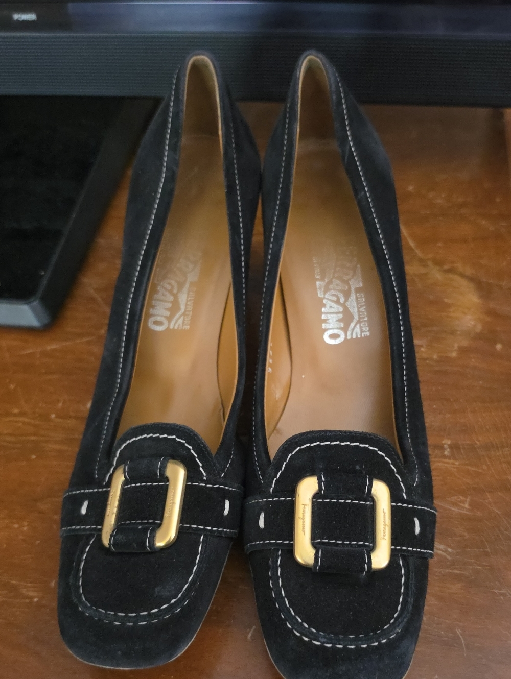 Salvatore Ferragamo Black Suede Pumps with Gold Buckle